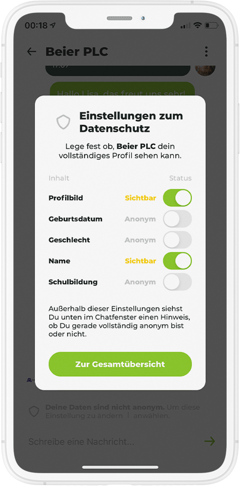 beAzubi - Datenschutz-Einstellungen im Chat